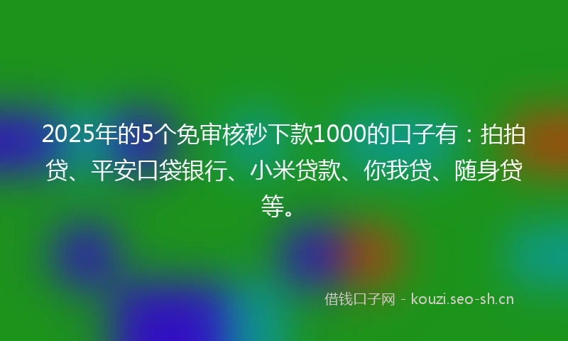 2025年的5个免审核秒下款1000的口子有:拍拍贷、平安口袋银行、小米贷款、你我贷、随身贷等。