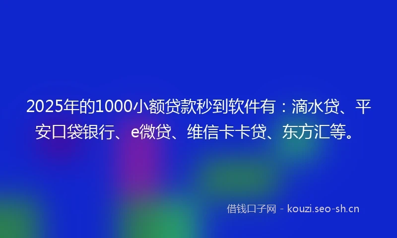 2025年的1000小额贷款秒到软件有：滴水贷、平安口袋银行、e微贷、维信卡卡贷、东方汇等。