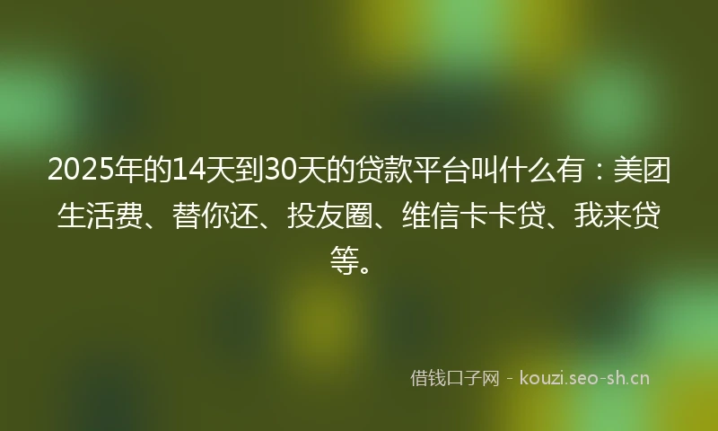 2025年的14天到30天的贷款平台叫什么有：美团生活费、替你还、投友圈、维信卡卡贷、我来贷等。