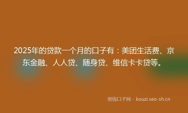 2025年的贷款一个月的口子有：美团生活费、京东金融、人人贷、随身贷、维信卡卡贷等。