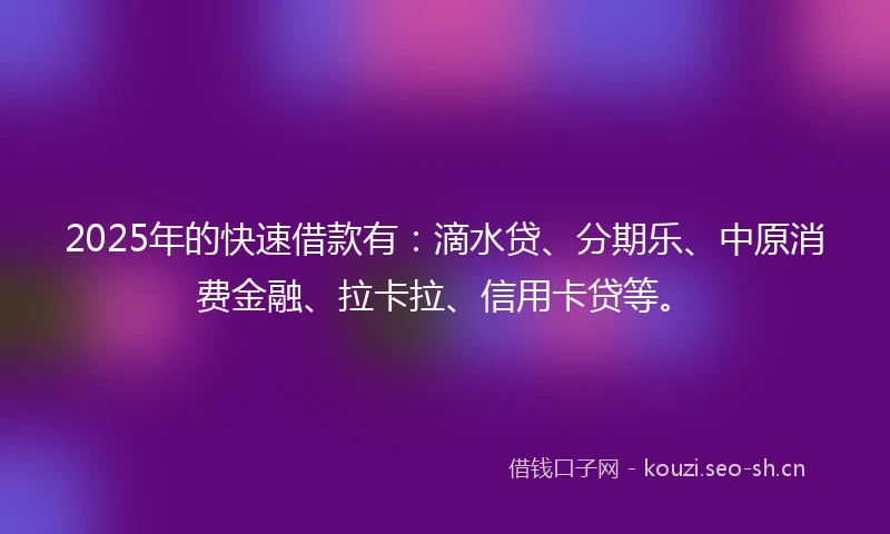 2025年的快速借款有：滴水贷、分期乐、中原消费金融、拉卡拉、信用卡贷等。