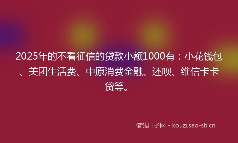 2025年的不看征信的贷款小额1000有：小花钱包、美团生活费、中原消费金融、还呗、维信卡卡贷等。