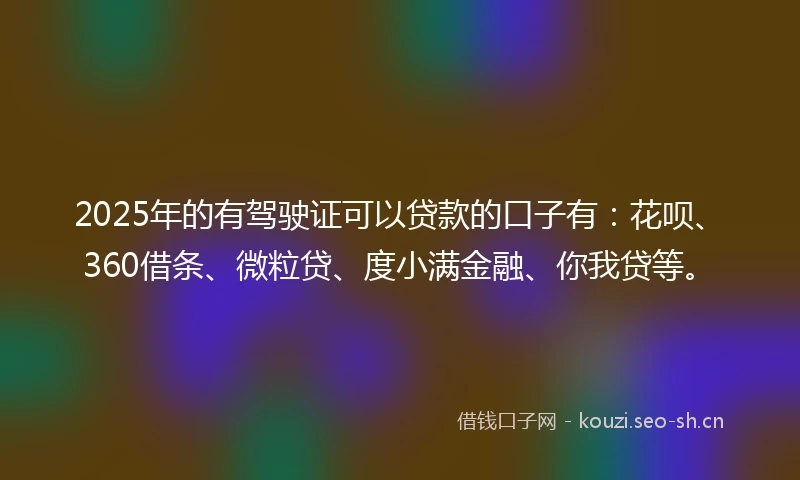 2025年的有驾驶证可以贷款的口子有：花呗、360借条、微粒贷、度小满金融、你我贷等。