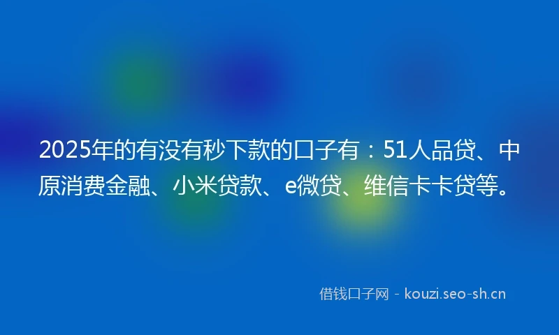 2025年的有没有秒下款的口子有：51人品贷、中原消费金融、小米贷款、e微贷、维信卡卡贷等。