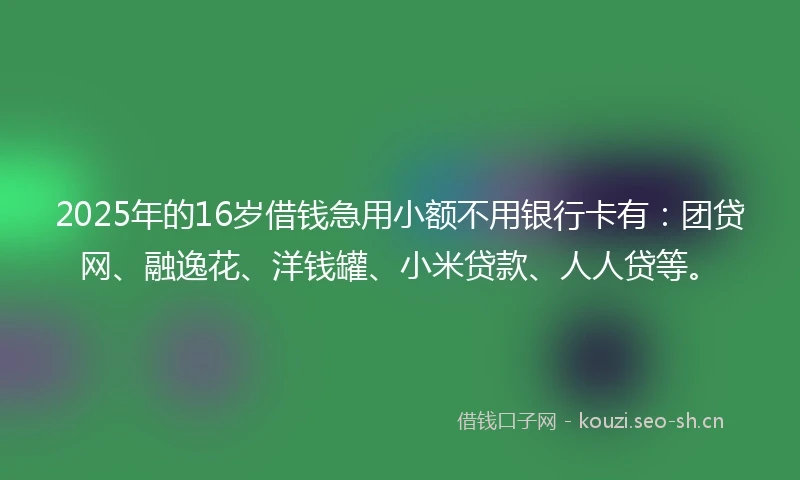 2025年的16岁借钱急用小额不用银行卡有：团贷网、融逸花、洋钱罐、小米贷款、人人贷等。