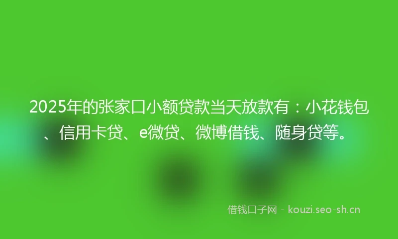2025年的张家口小额贷款当天放款有：小花钱包、信用卡贷、e微贷、微博借钱、随身贷等。