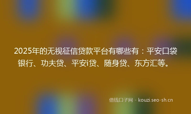 2025年的无视征信贷款平台有哪些有：平安口袋银行、功夫贷、平安i贷、随身贷、东方汇等。