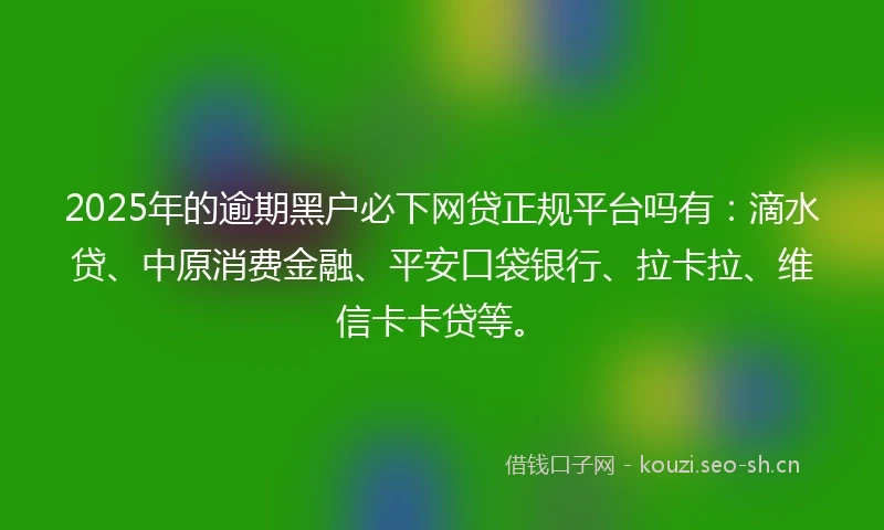 2025年的逾期黑户必下网贷正规平台吗有：滴水贷、中原消费金融、平安口袋银行、拉卡拉、维信卡卡贷等。