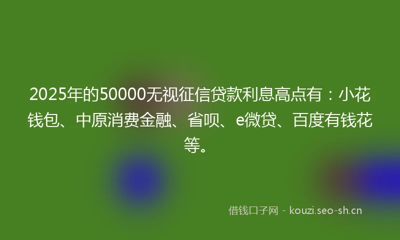 2025年的50000无视征信贷款利息高点有：小花钱包、中原消费金融、省呗、e微贷、百度有钱花等。