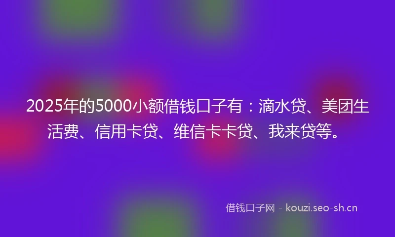 2025年的5000小额借钱口子有：滴水贷、美团生活费、信用卡贷、维信卡卡贷、我来贷等。