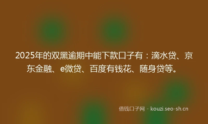 2025年的双黑逾期中能下款口子有：滴水贷、京东金融、e微贷、百度有钱花、随身贷等。