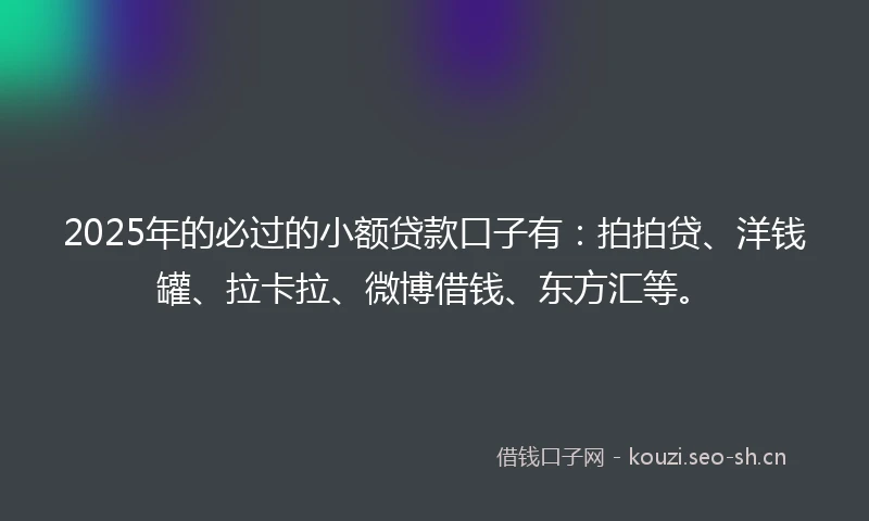 2025年的必过的小额贷款口子有：拍拍贷、洋钱罐、拉卡拉、微博借钱、东方汇等。