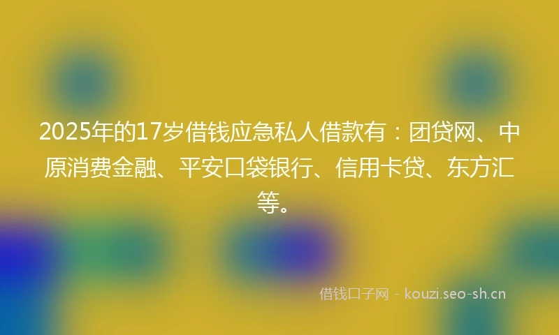 2025年的17岁借钱应急私人借款有:团贷网、中原消费金融、平安口袋银行、信用卡贷、东方汇等。