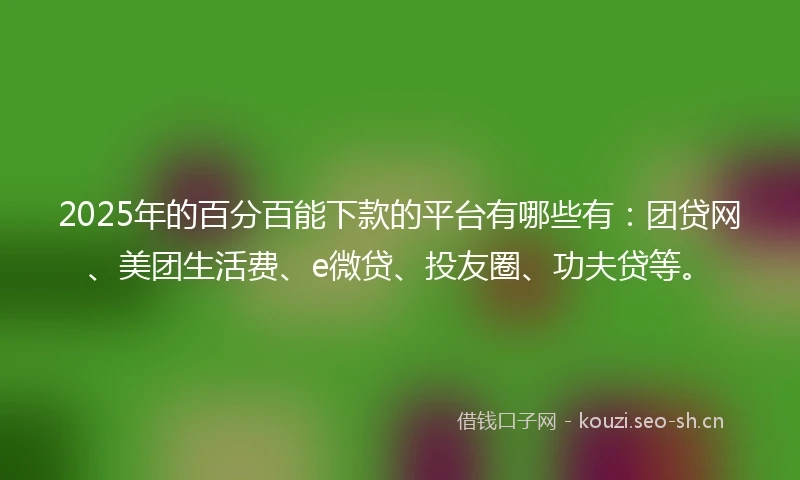 2025年的百分百能下款的平台有哪些有：团贷网、美团生活费、e微贷、投友圈、功夫贷等。