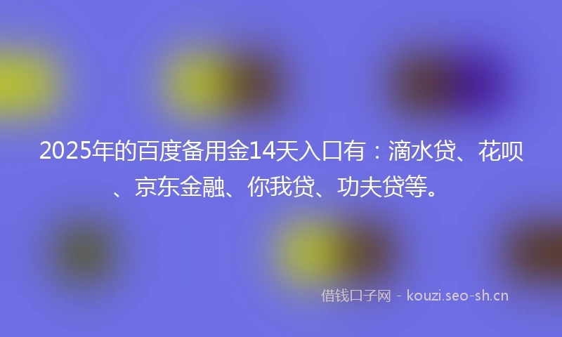 2025年的百度备用金14天入口有：滴水贷、花呗、京东金融、你我贷、功夫贷等。