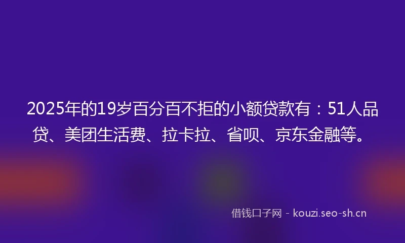 2025年的19岁百分百不拒的小额贷款有：51人品贷、美团生活费、拉卡拉、省呗、京东金融等。