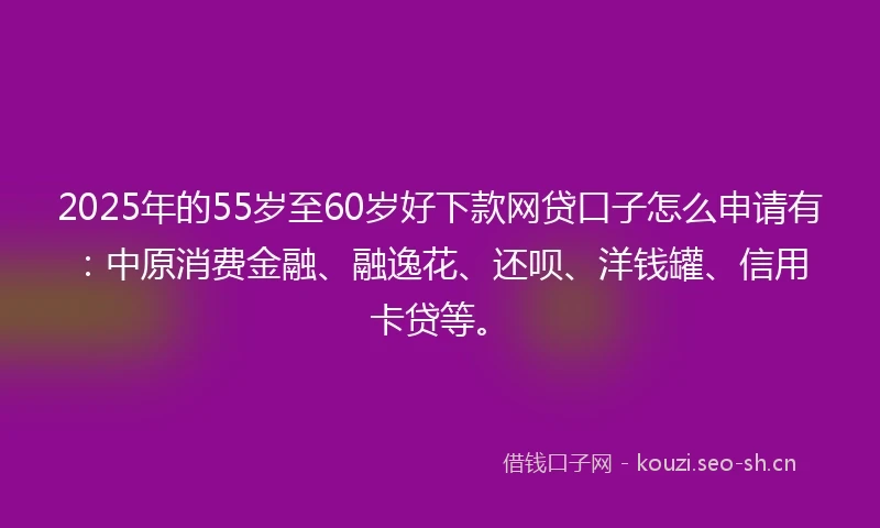 2025年的55岁至60岁好下款网贷口子怎么申请有：中原消费金融、融逸花、还呗、洋钱罐、信用卡贷等。