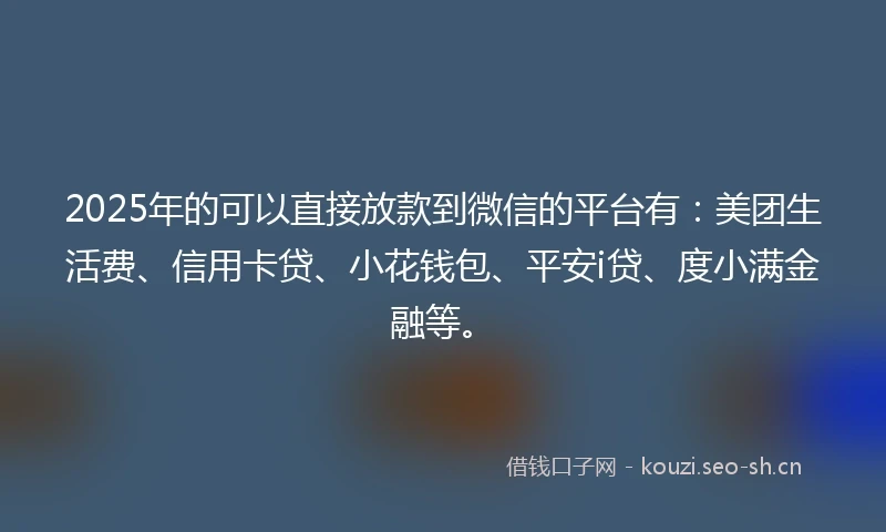 2025年的可以直接放款到微信的平台有：美团生活费、信用卡贷、小花钱包、平安i贷、度小满金融等。