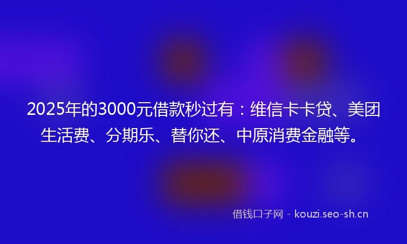 2025年的3000元借款秒过有：维信卡卡贷、美团生活费、分期乐、替你还、中原消费金融等。