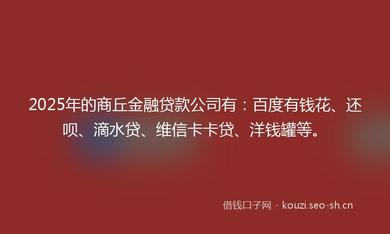 2025年的商丘金融贷款公司有：百度有钱花、还呗、滴水贷、维信卡卡贷、洋钱罐等。