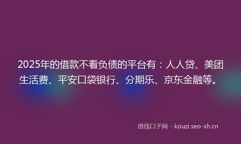 2025年的借款不看负债的平台有：人人贷、美团生活费、平安口袋银行、分期乐、京东金融等。