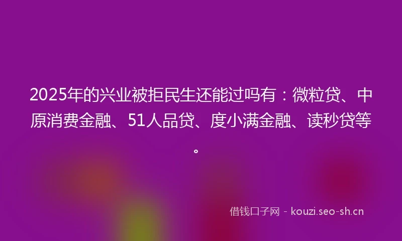 2025年的兴业被拒民生还能过吗有：微粒贷、中原消费金融、51人品贷、度小满金融、读秒贷等。