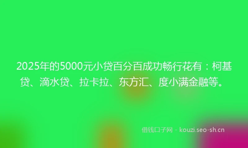 2025年的5000元小贷百分百成功畅行花有：柯基贷、滴水贷、拉卡拉、东方汇、度小满金融等。