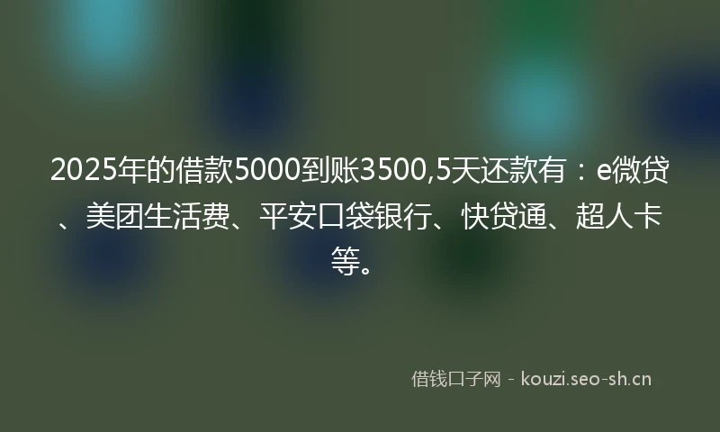 2025年的借款5000到账3500,5天还款有：e微贷、美团生活费、平安口袋银行、快贷通、超人卡等。