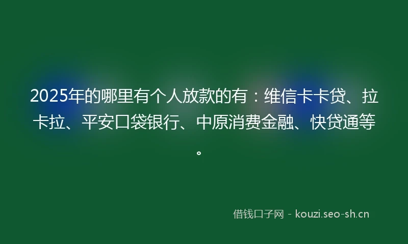 2025年的哪里有个人放款的有：维信卡卡贷、拉卡拉、平安口袋银行、中原消费金融、快贷通等。