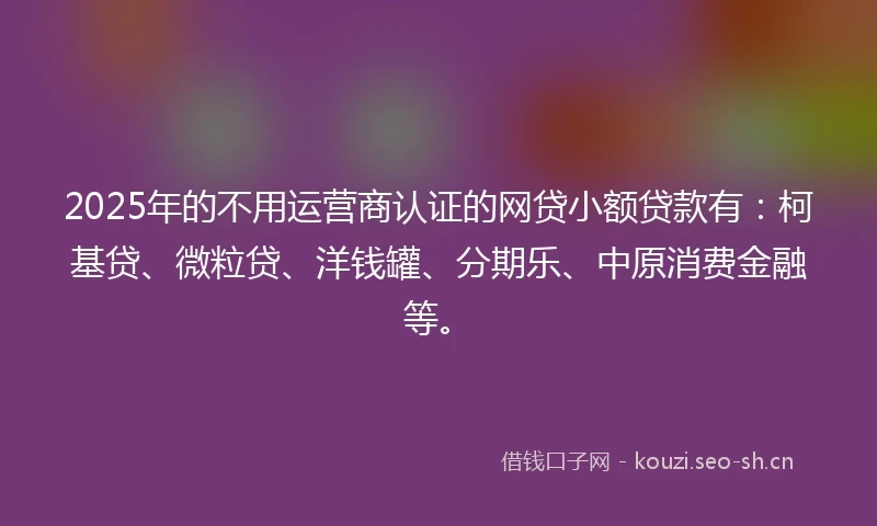 2025年的不用运营商认证的网贷小额贷款有：柯基贷、微粒贷、洋钱罐、分期乐、中原消费金融等。