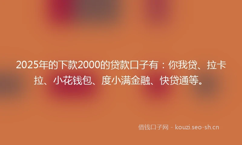 2025年的下款2000的贷款口子有：你我贷、拉卡拉、小花钱包、度小满金融、快贷通等。