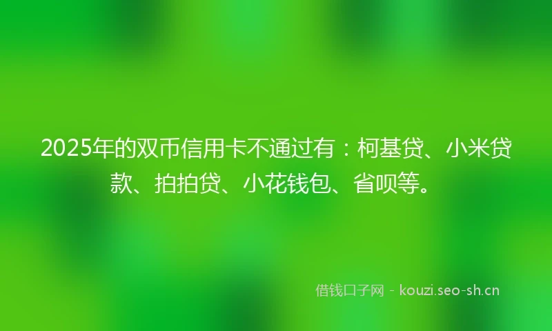 2025年的双币信用卡不通过有：柯基贷、小米贷款、拍拍贷、小花钱包、省呗等。