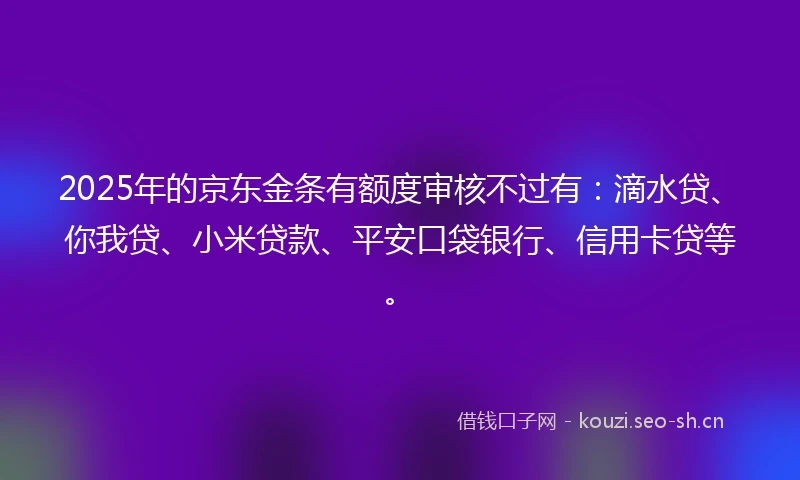 2025年的京东金条有额度审核不过有：滴水贷、你我贷、小米贷款、平安口袋银行、信用卡贷等。