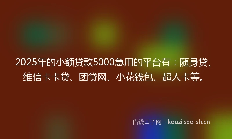 2025年的小额贷款5000急用的平台有：随身贷、维信卡卡贷、团贷网、小花钱包、超人卡等。