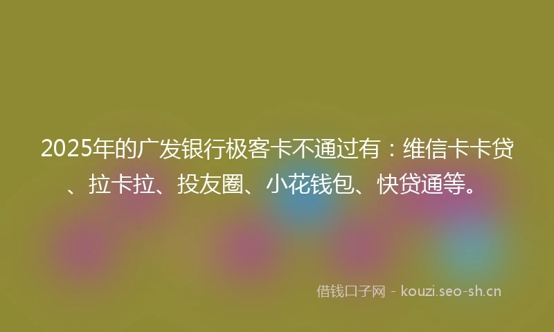 2025年的广发银行极客卡不通过有：维信卡卡贷、拉卡拉、投友圈、小花钱包、快贷通等。