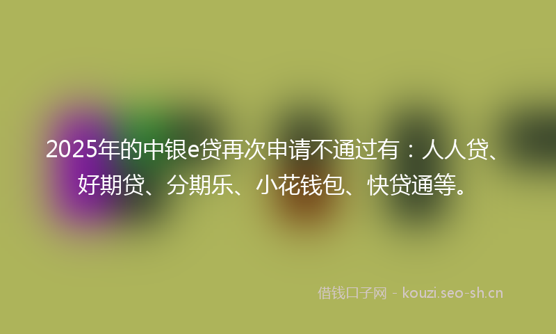 2025年的中银e贷再次申请不通过有：人人贷、好期贷、分期乐、小花钱包、快贷通等。