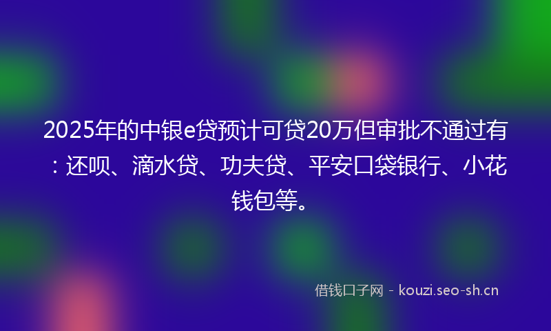 2025年的中银e贷预计可贷20万但审批不通过有：还呗、滴水贷、功夫贷、平安口袋银行、小花钱包等。