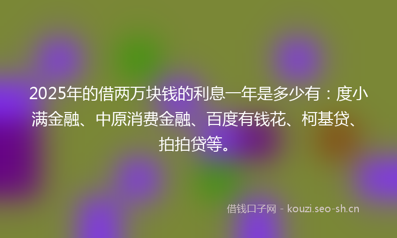 2025年的借两万块钱的利息一年是多少有：度小满金融、中原消费金融、百度有钱花、柯基贷、拍拍贷等。