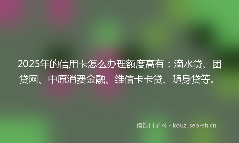 2025年的信用卡怎么办理额度高有：滴水贷、团贷网、中原消费金融、维信卡卡贷、随身贷等。
