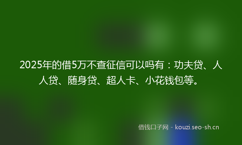 2025年的借5万不查征信可以吗有：功夫贷、人人贷、随身贷、超人卡、小花钱包等。