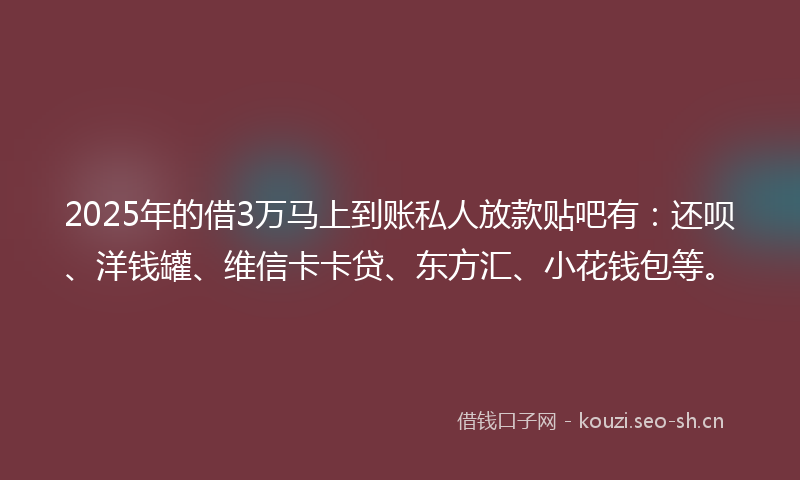 2025年的借3万马上到账私人放款贴吧有：还呗、洋钱罐、维信卡卡贷、东方汇、小花钱包等。