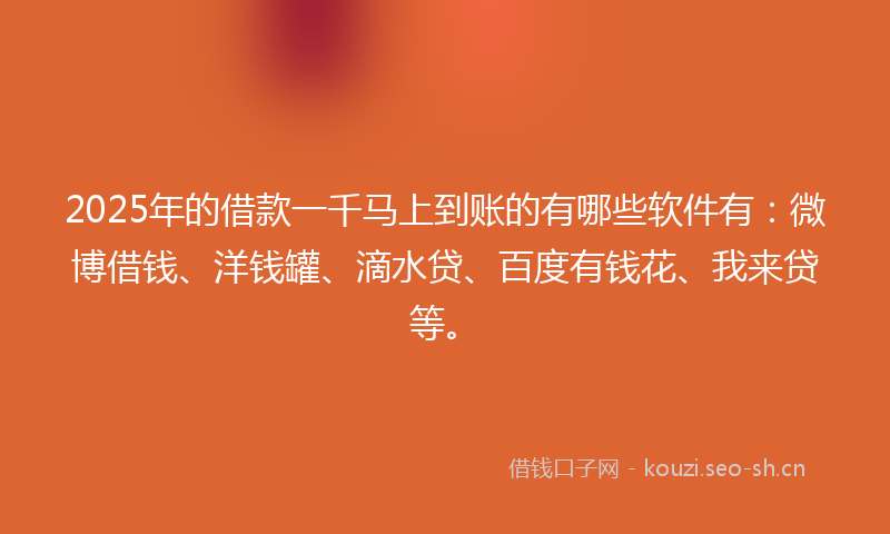 2025年的借款一千马上到账的有哪些软件有：微博借钱、洋钱罐、滴水贷、百度有钱花、我来贷等。