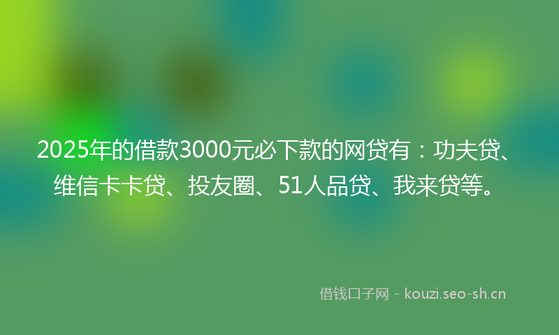 2025年的借款3000元必下款的网贷有：功夫贷、维信卡卡贷、投友圈、51人品贷、我来贷等。