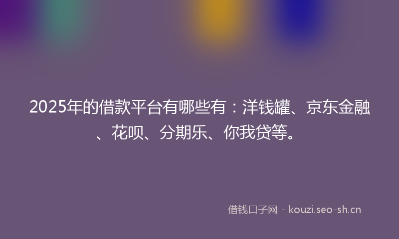 2025年的借款平台有哪些有：洋钱罐、京东金融、花呗、分期乐、你我贷等。