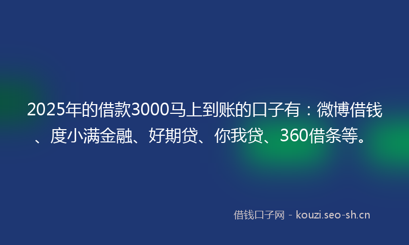 2025年的借款3000马上到账的口子有：微博借钱、度小满金融、好期贷、你我贷、360借条等。