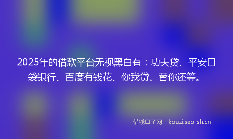 2025年的借款平台无视黑白有：功夫贷、平安口袋银行、百度有钱花、你我贷、替你还等。