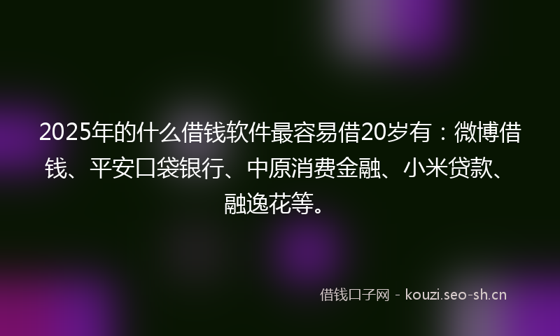 2025年的什么借钱软件最容易借20岁有:微博借钱、平安口袋银行、中原消费金融、小米贷款、融逸花等。