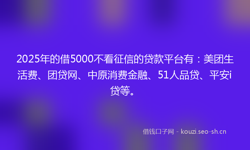 2025年的借5000不看征信的贷款平台有：美团生活费、团贷网、中原消费金融、51人品贷、平安i贷等。