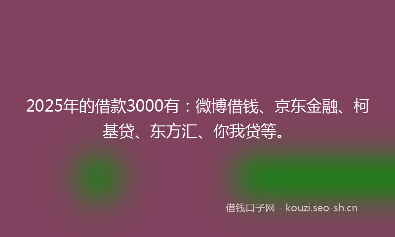 2025年的借款3000有：微博借钱、京东金融、柯基贷、东方汇、你我贷等。