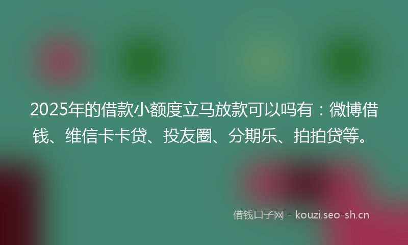 2025年的借款小额度立马放款可以吗有：微博借钱、维信卡卡贷、投友圈、分期乐、拍拍贷等。
